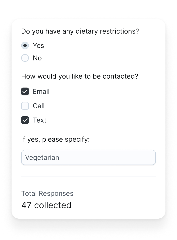 Questionnaire collecting dietary restrictions and contact preferences